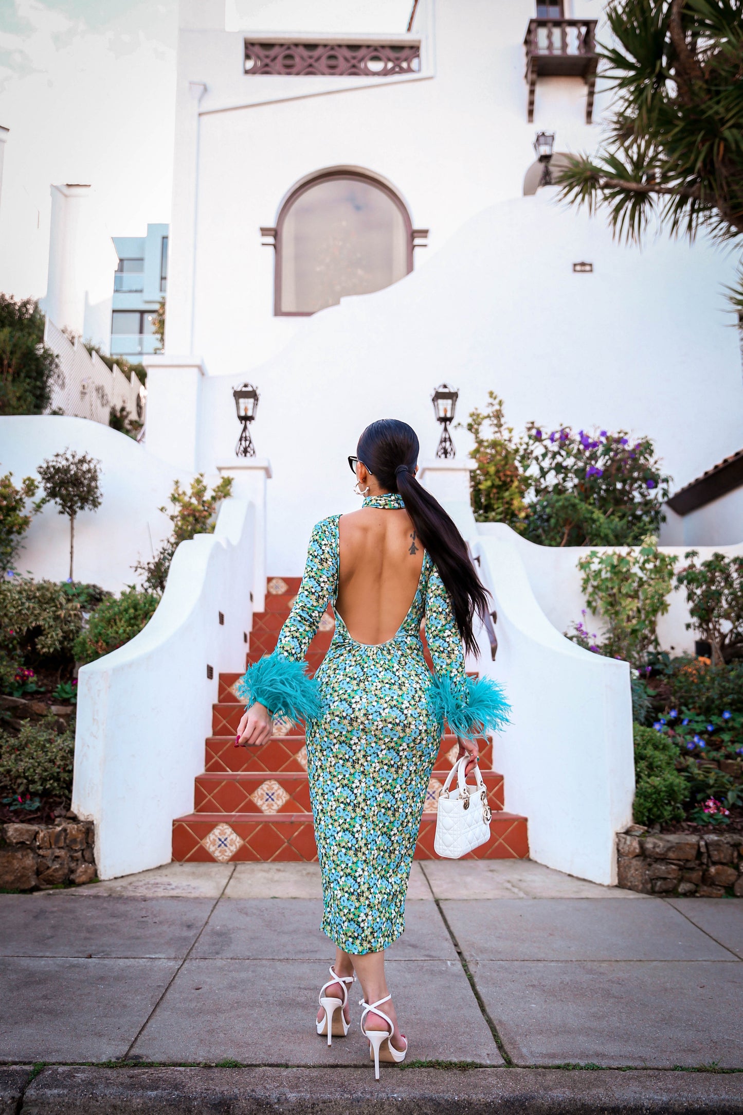Zara Green Floral Print Open Back Midi Dress (Removable Feather Cuff included)