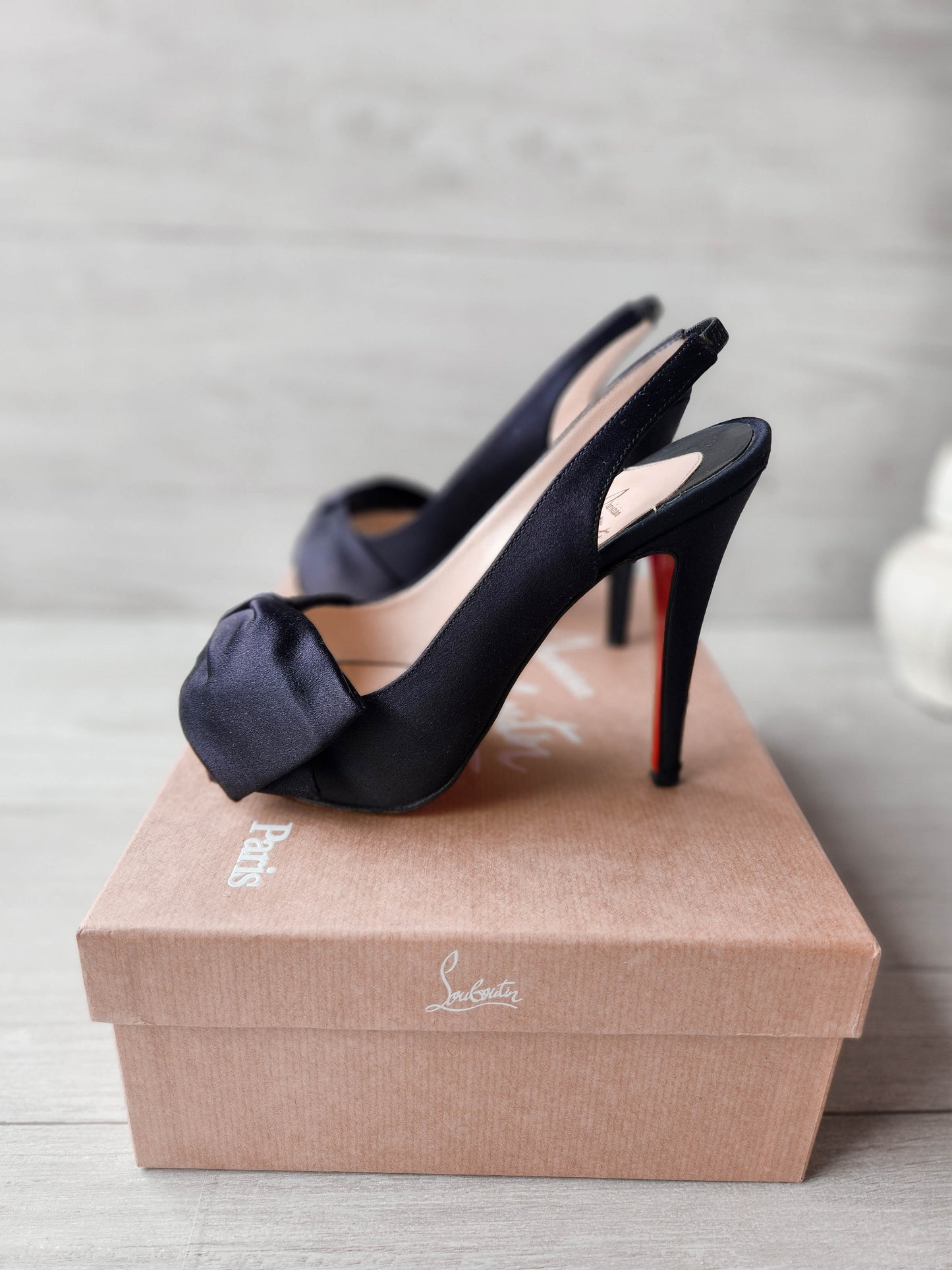 Christian Louboutin Black Satin Bow Accents Slingback Pumps - Size 35.5