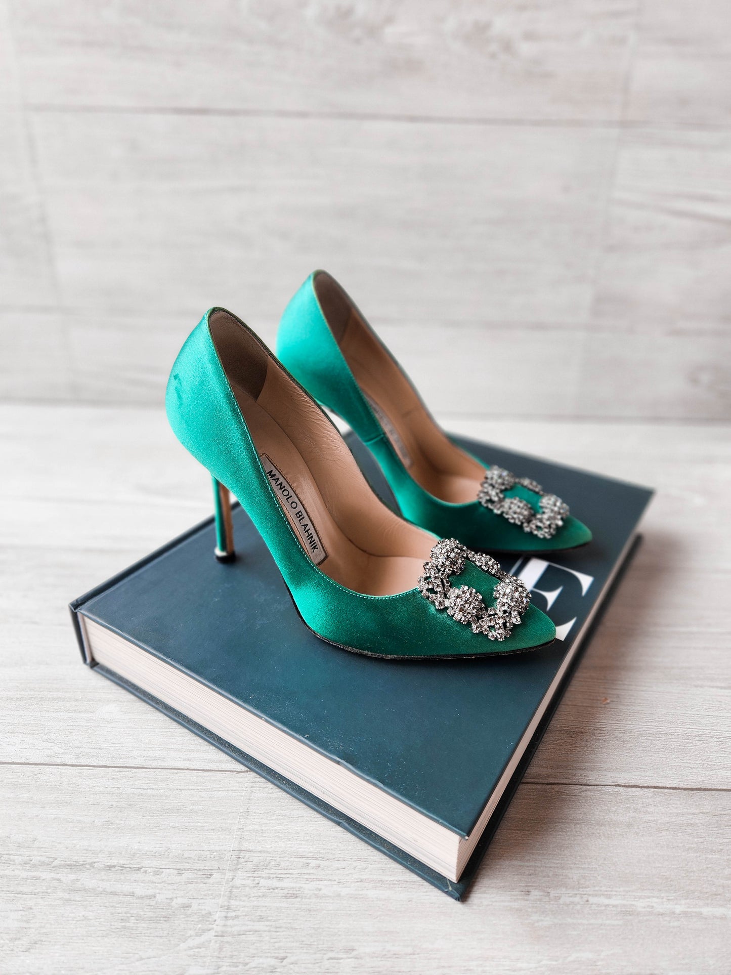 Manolo Blahnik Hangisi Satin Crystal Jewel Buckle Pumps Green - Size 35