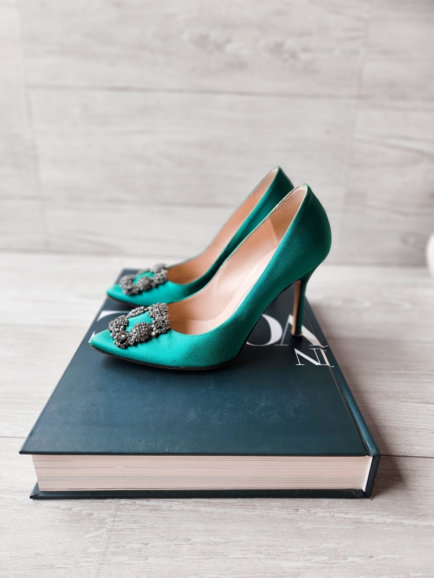 Manolo Blahnik Hangisi Satin Crystal Jewel Buckle Pumps Green - Size 35