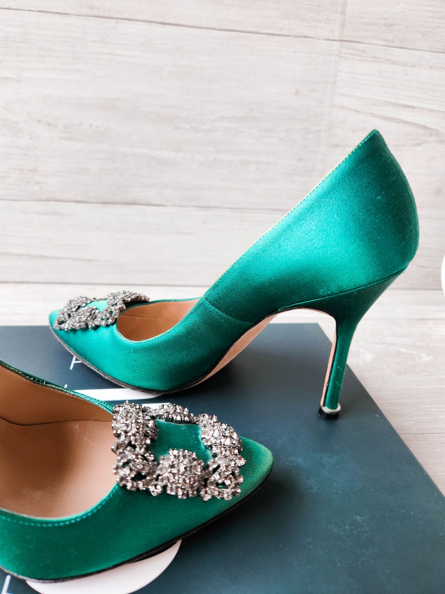 Manolo Blahnik Hangisi Satin Crystal Jewel Buckle Pumps Green - Size 35