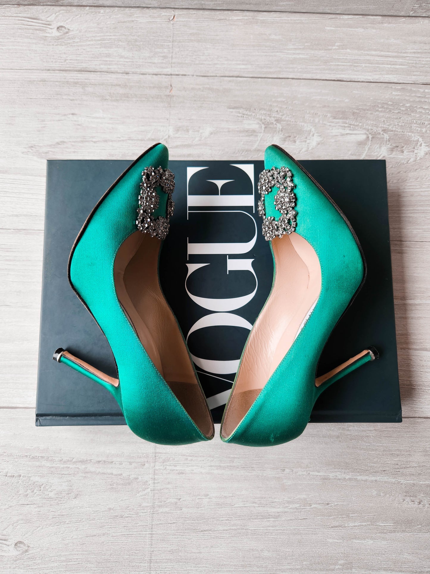 Manolo Blahnik Hangisi Satin Crystal Jewel Buckle Pumps Green - Size 35