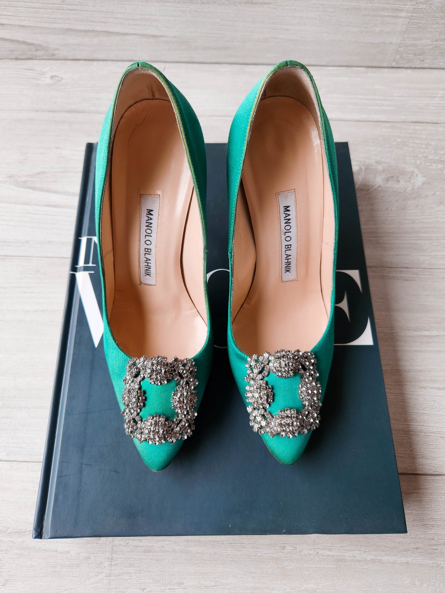 Manolo Blahnik Hangisi Satin Crystal Jewel Buckle Pumps Green - Size 35