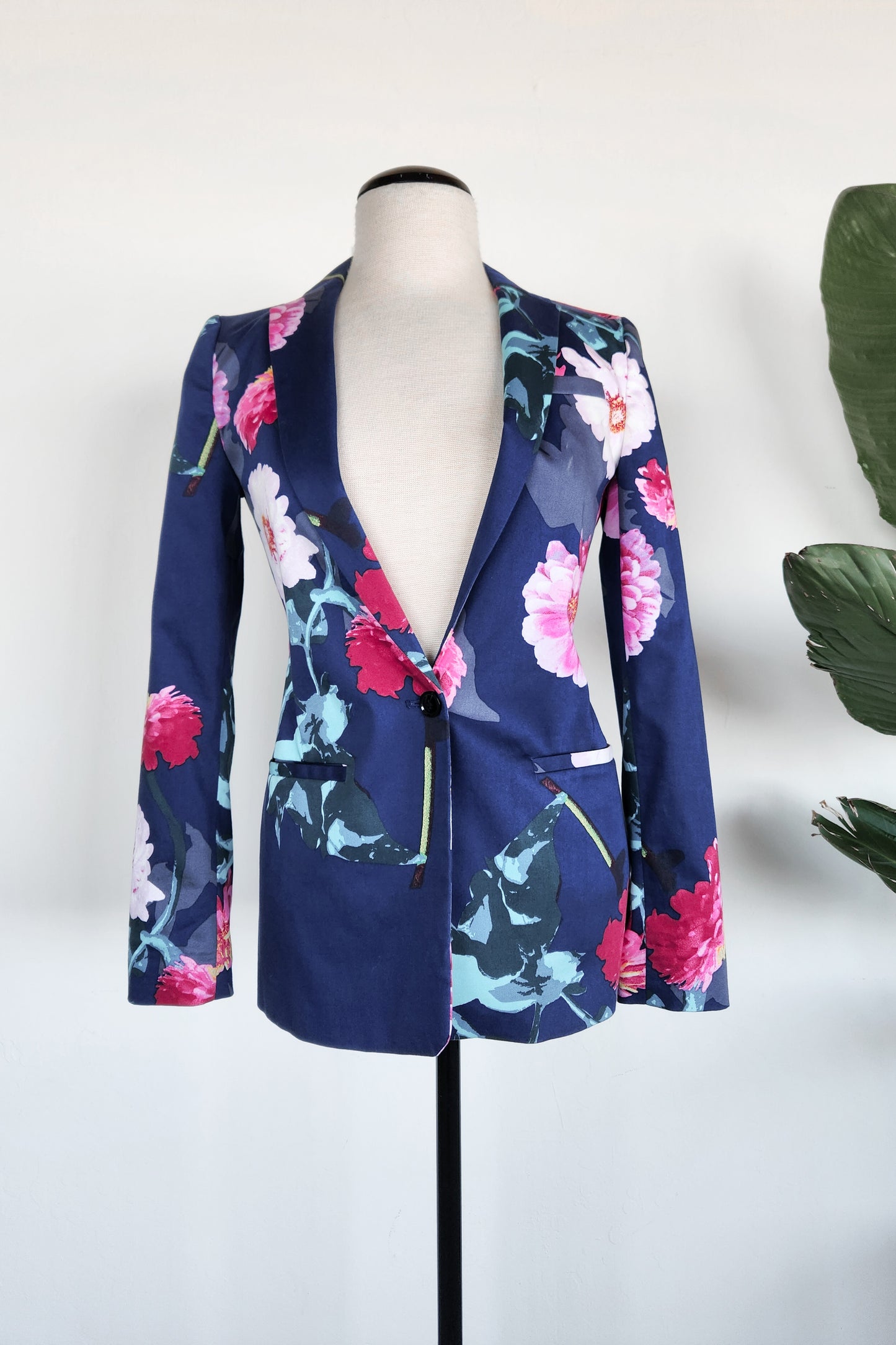 Banana Republic Large Print Floral Navy and Pink Long Blazer