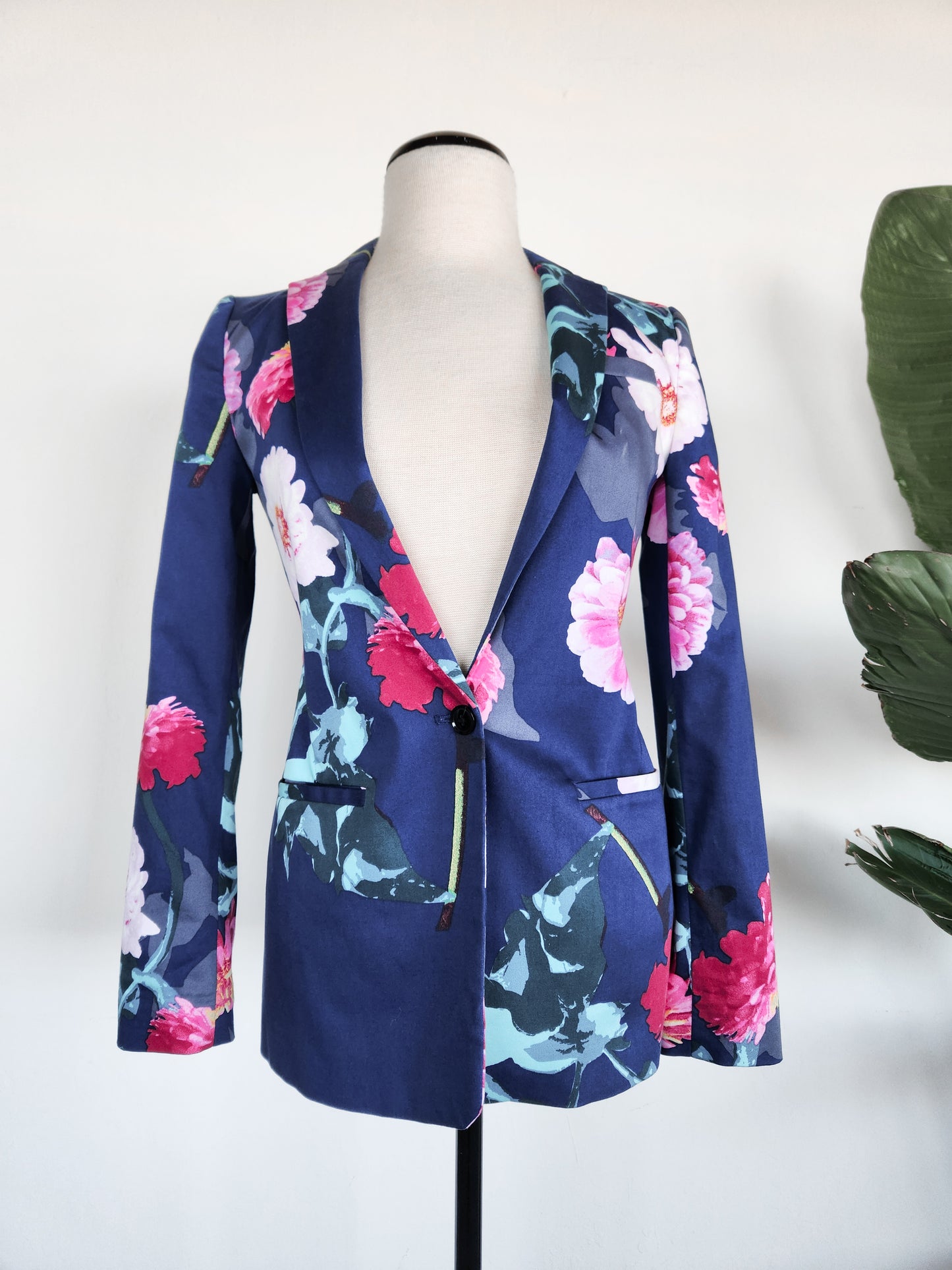 Banana Republic Large Print Floral Navy and Pink Long Blazer