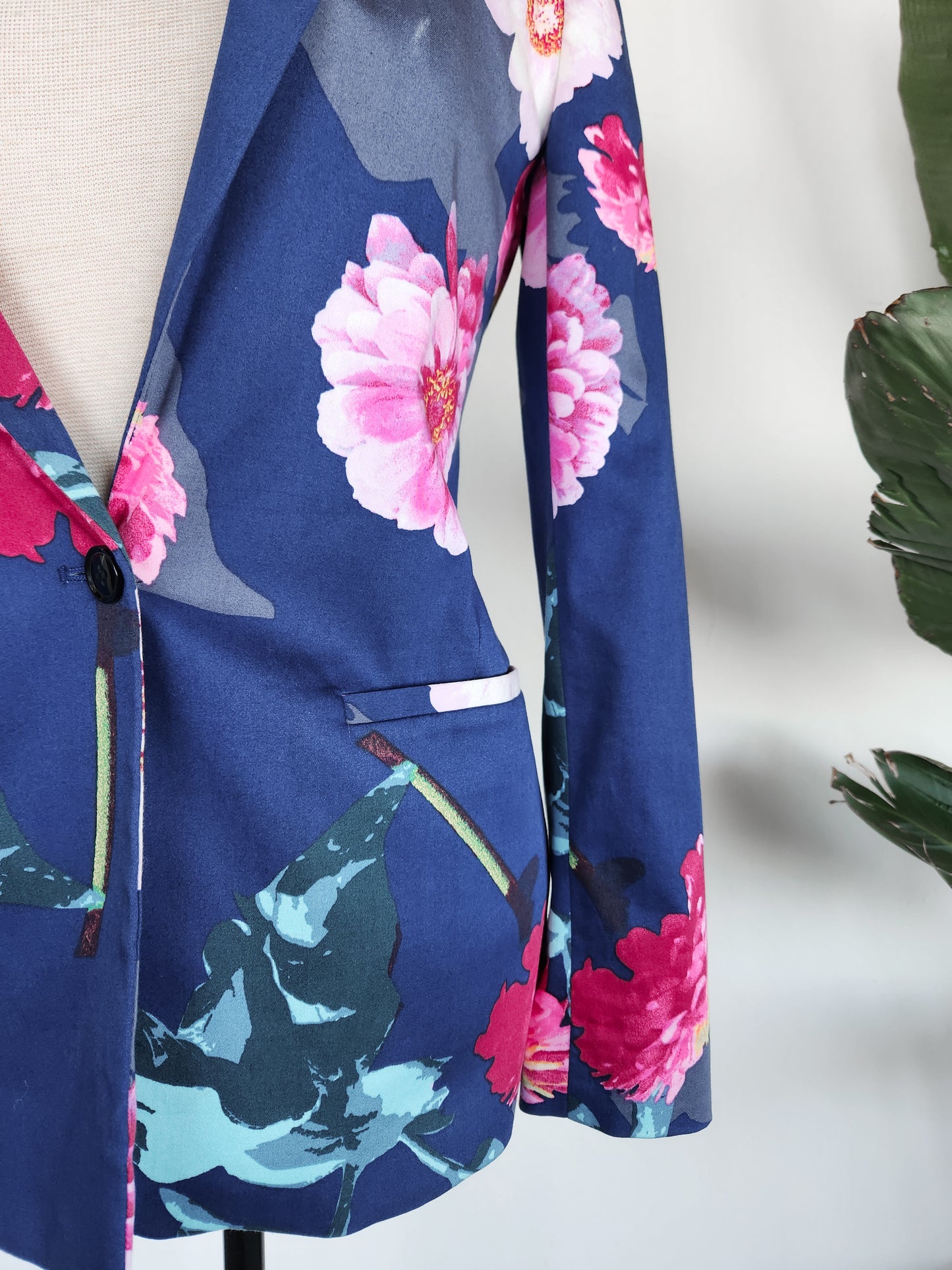 Banana Republic Large Print Floral Navy and Pink Long Blazer