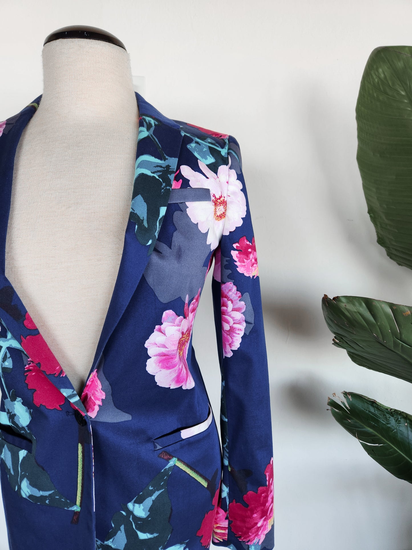 Banana Republic Large Print Floral Navy and Pink Long Blazer