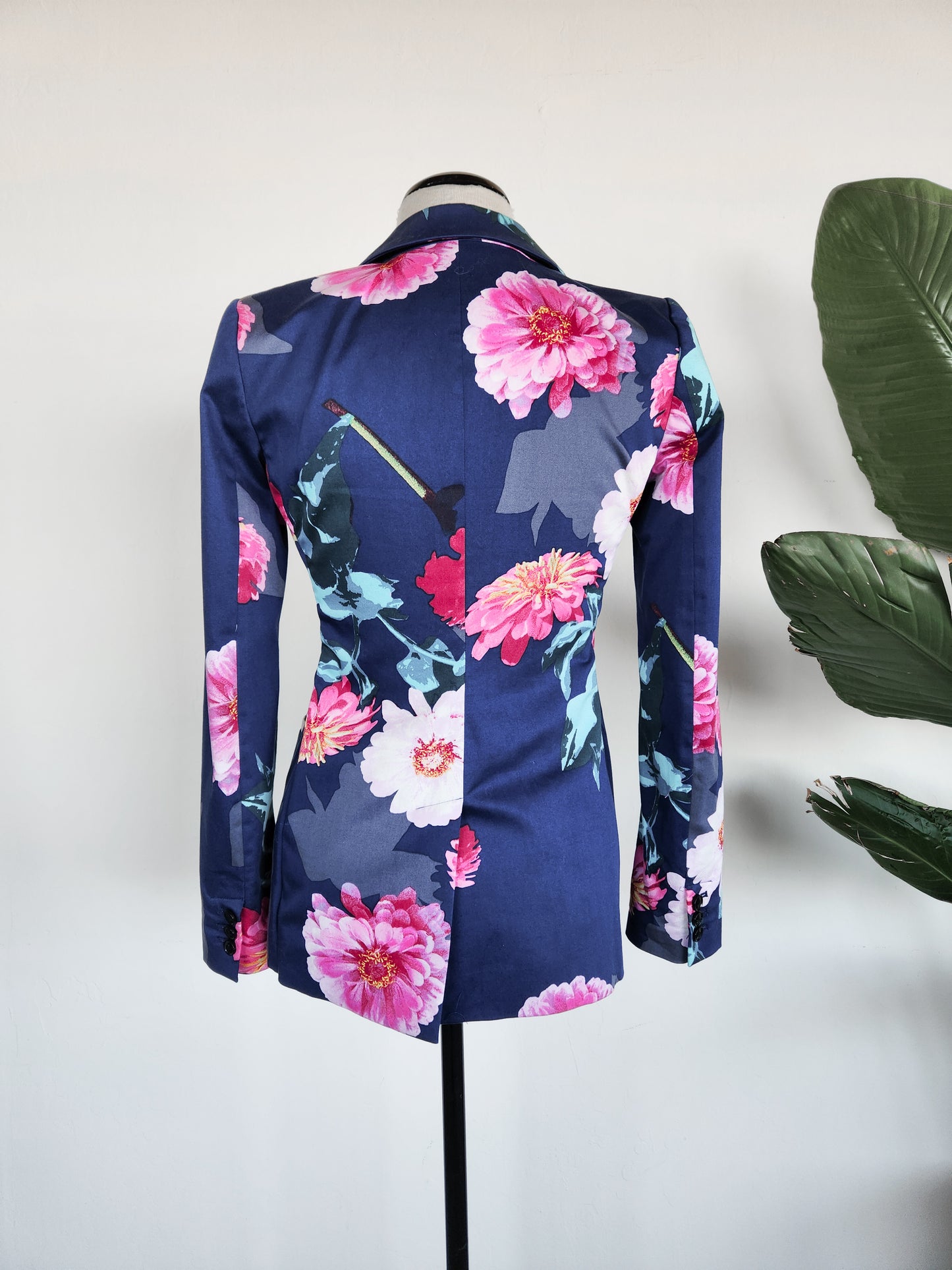 Banana Republic Large Print Floral Navy and Pink Long Blazer