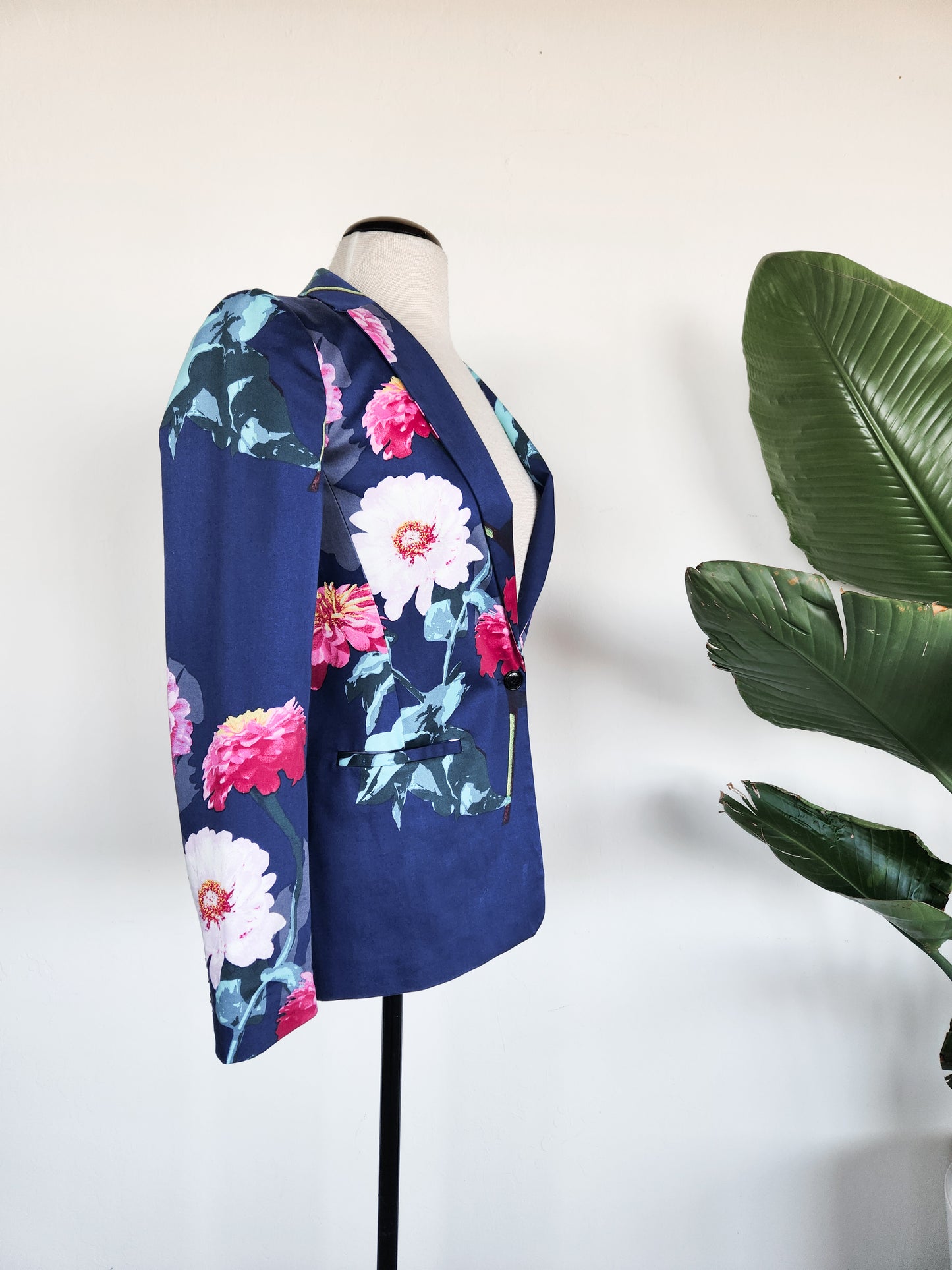 Banana Republic Large Print Floral Navy and Pink Long Blazer