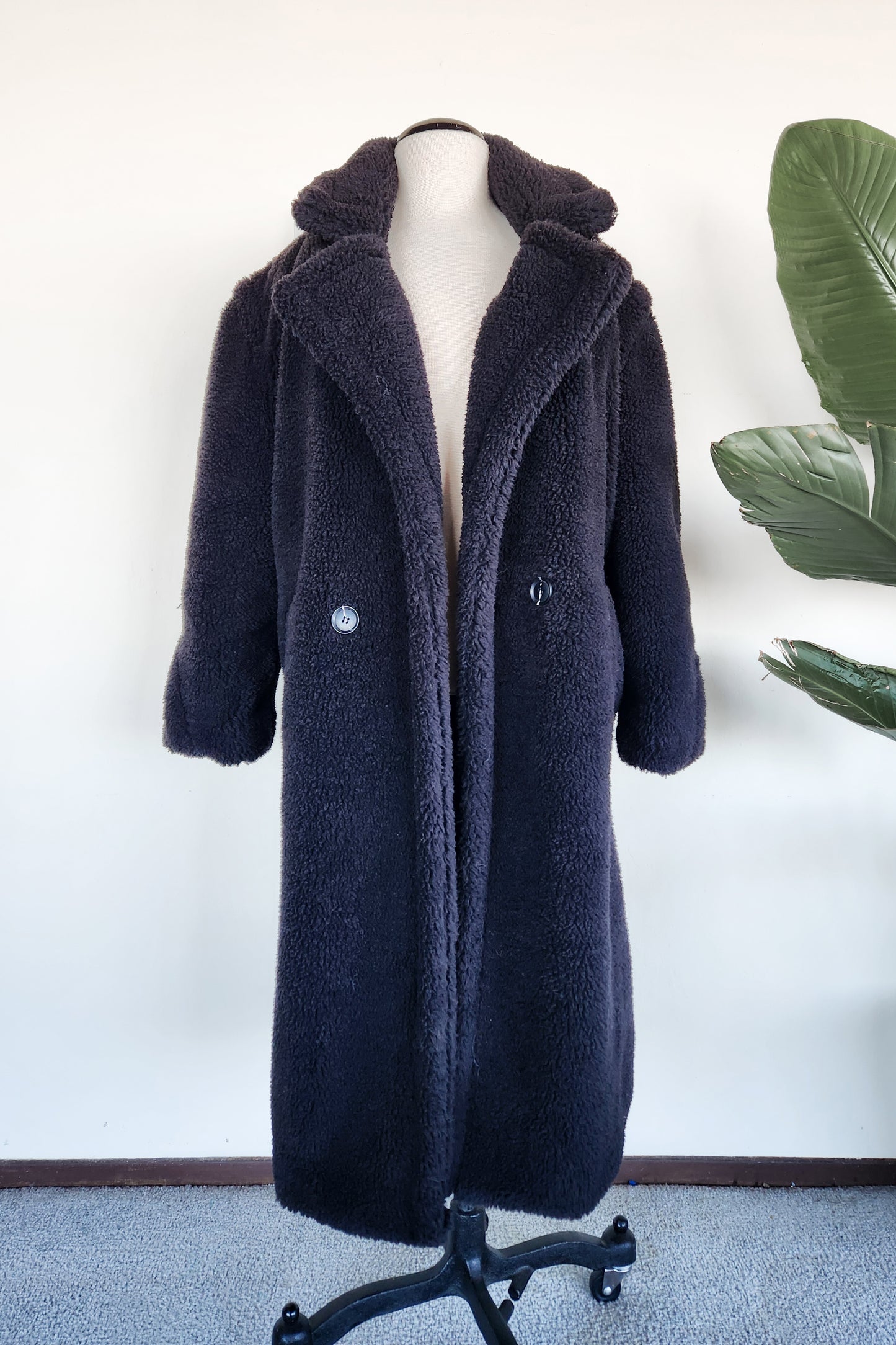 Akira Long Line Fluffy Teddy Coat in Black