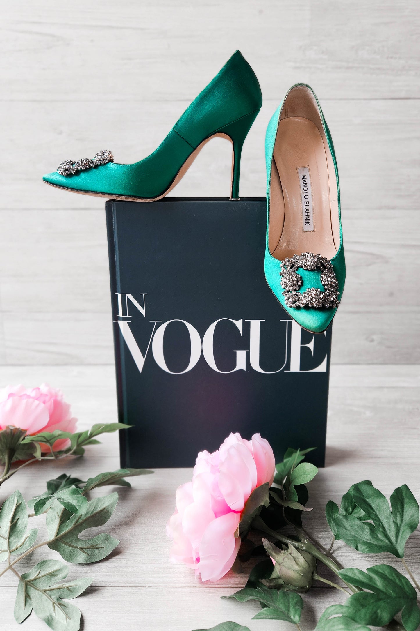 Manolo Blahnik Hangisi Satin Crystal Jewel Buckle Pumps Green - Size 35