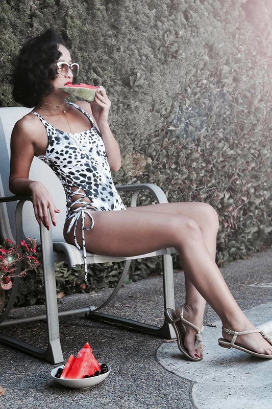 White Leopard Print Side Lace Up One Piece Swimsuit