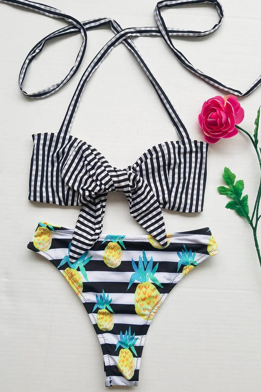 Gingham Knot Tie Top and High Cut Pineapple Print Swim Bottoms