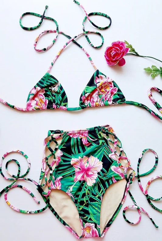 High Waisted Lace Up Bottoms and Triangle Top (Palm & Floral Print)