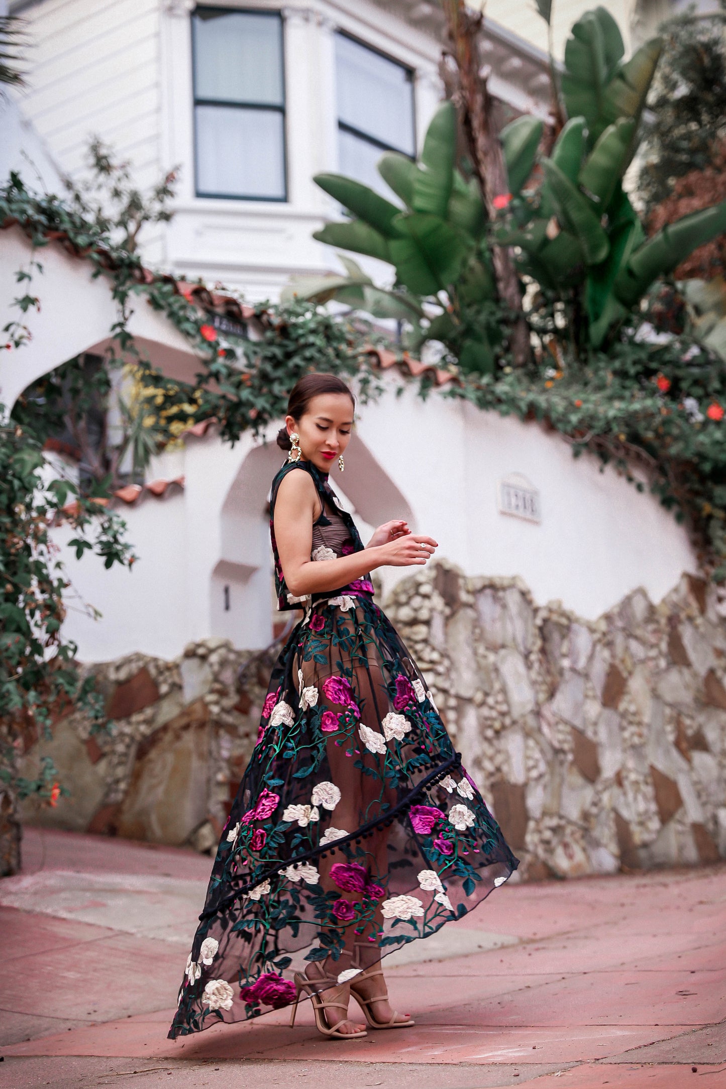 KTR Floral Sheer Midi High Low Skirt and Crop Top