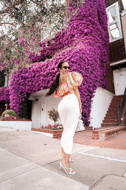 MADE TO ORDER: Tangerine Floral Crop Top with Puffy Balloon Sleeves
