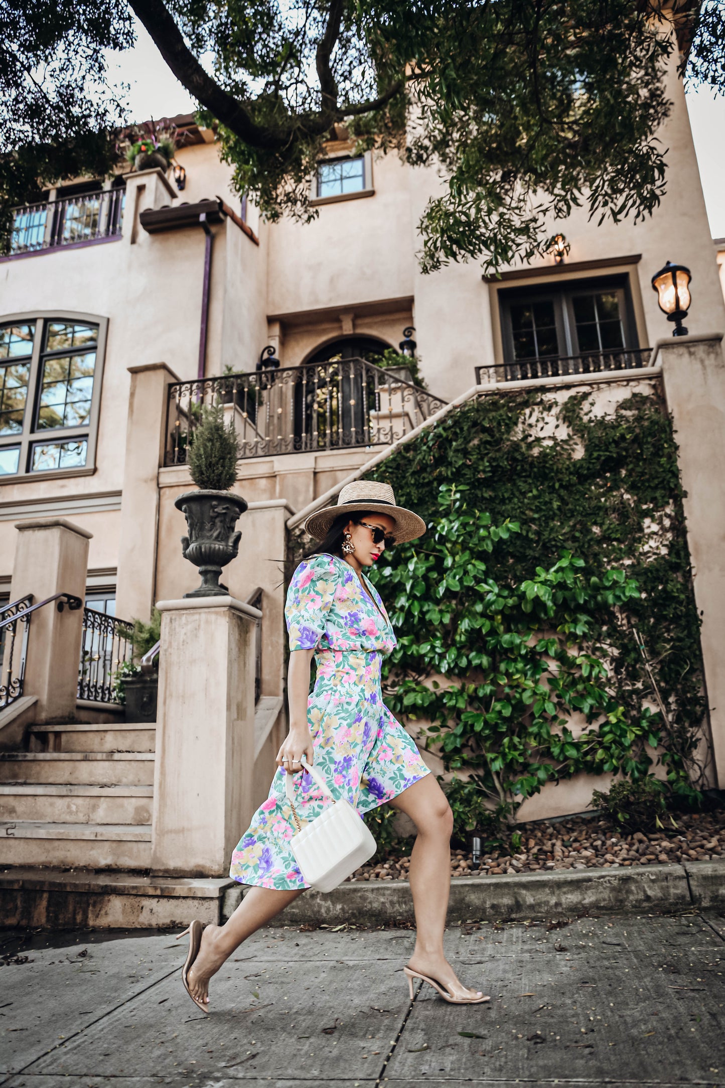 Vintage Floral Wrap Midi Dress with Puffy Sleeves