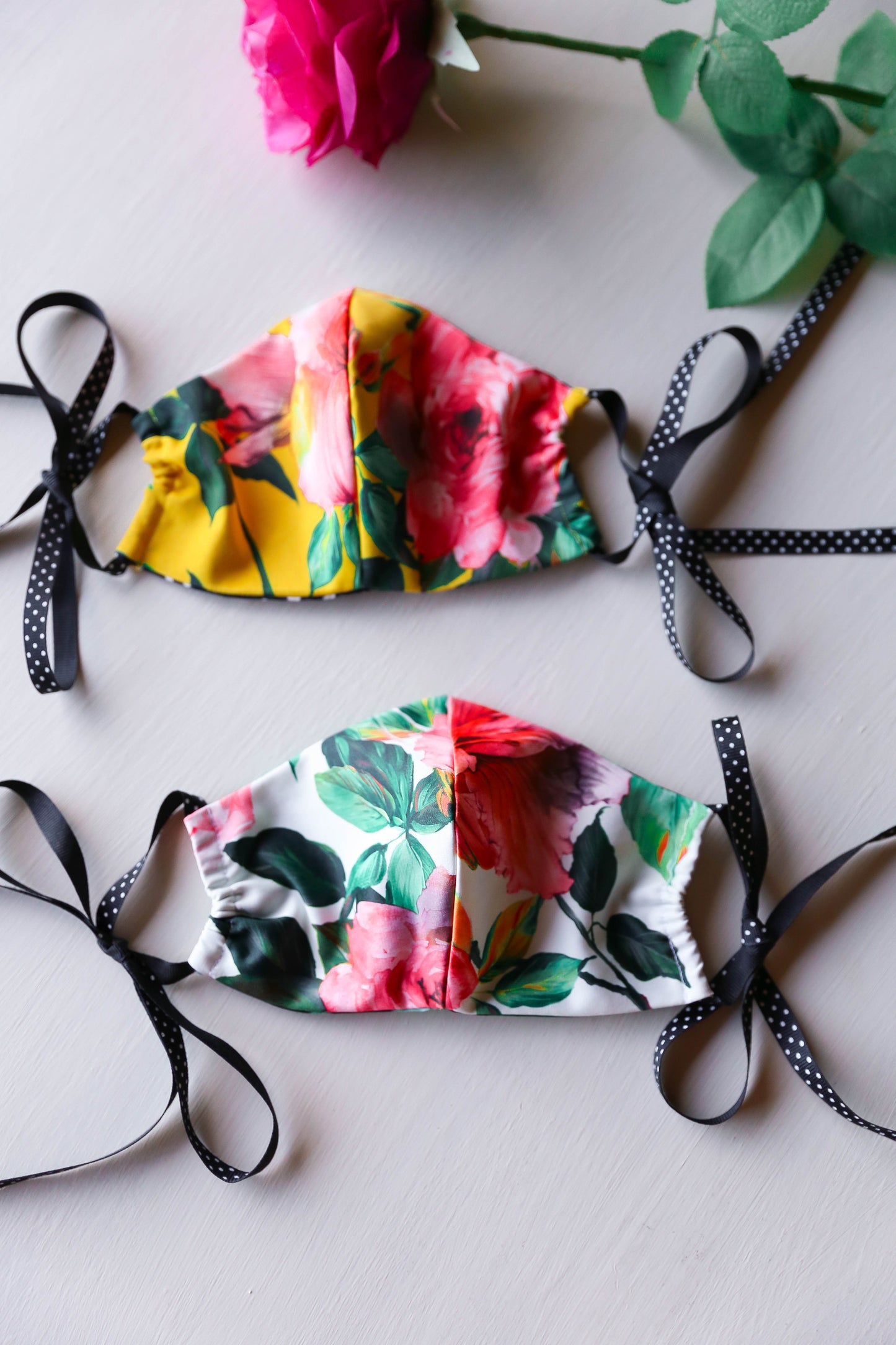 Bouquet of Rose in White Face Mask with String Ties