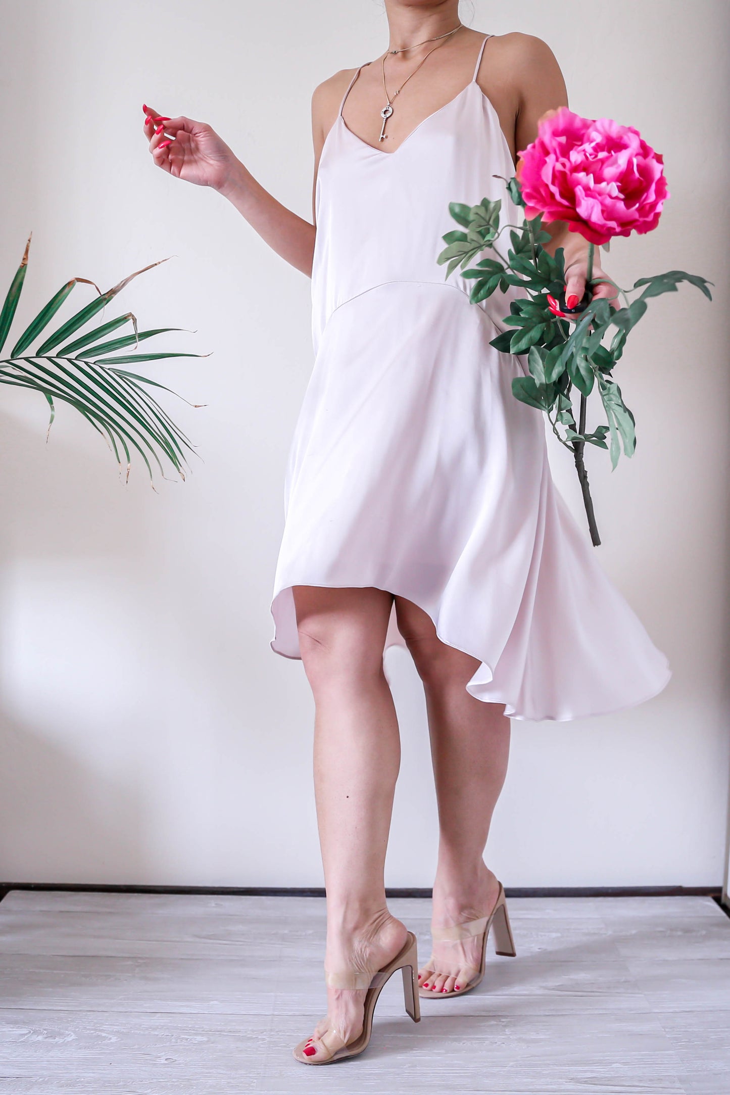 Blush Pink Satin High Low Flare Dress