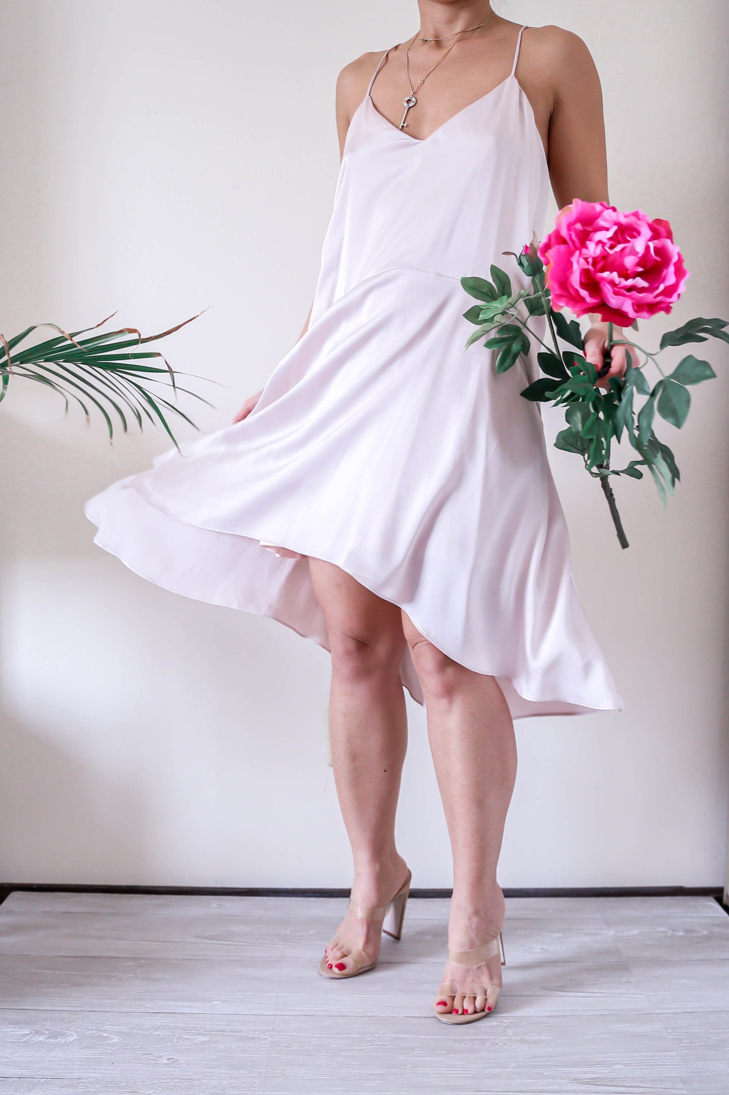 Blush Pink Satin High Low Flare Dress