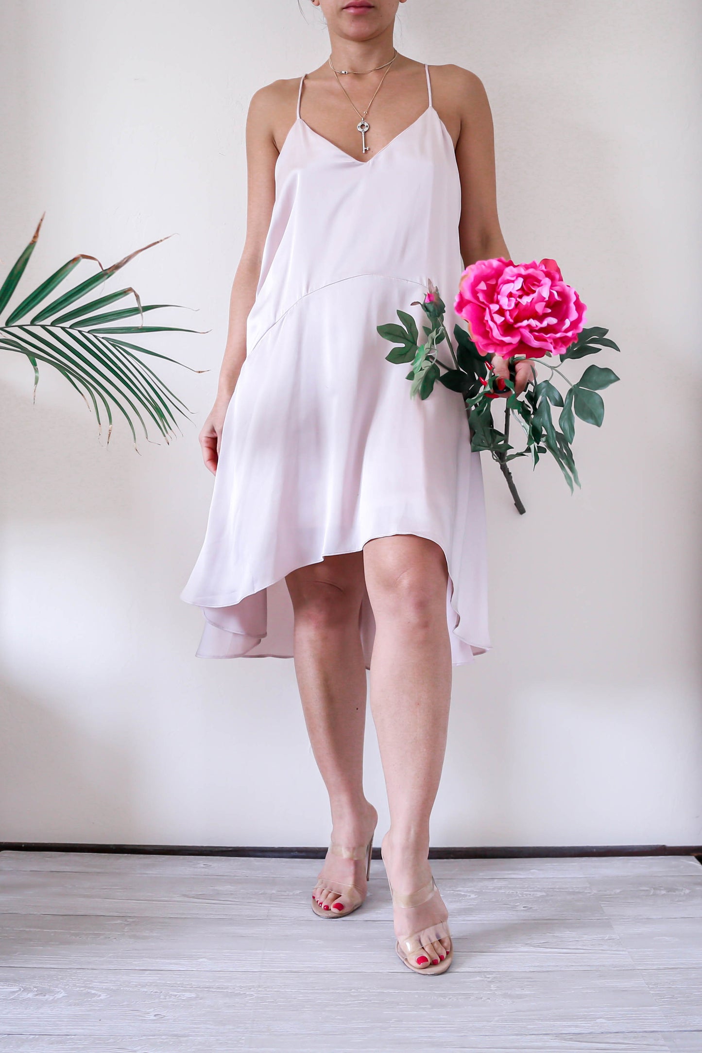 Blush Pink Satin High Low Flare Dress