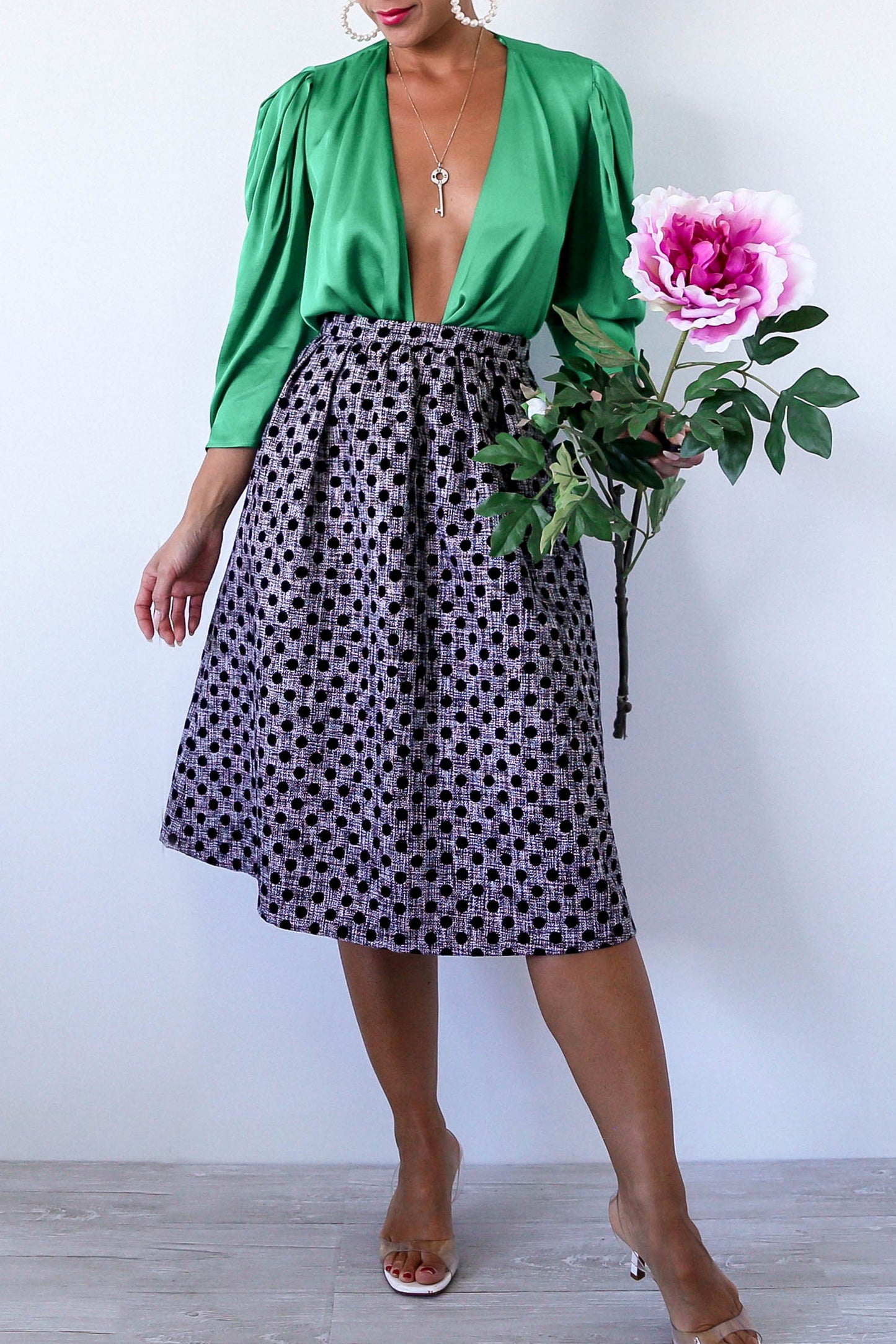 KTR Polka Dots Tweed Midi Skirt