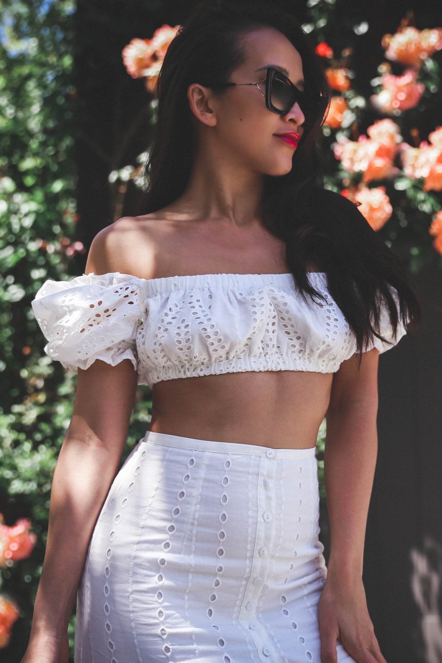 KTR White Eyelet Off The Shoulder Crop Top and Maxi Skirt Set