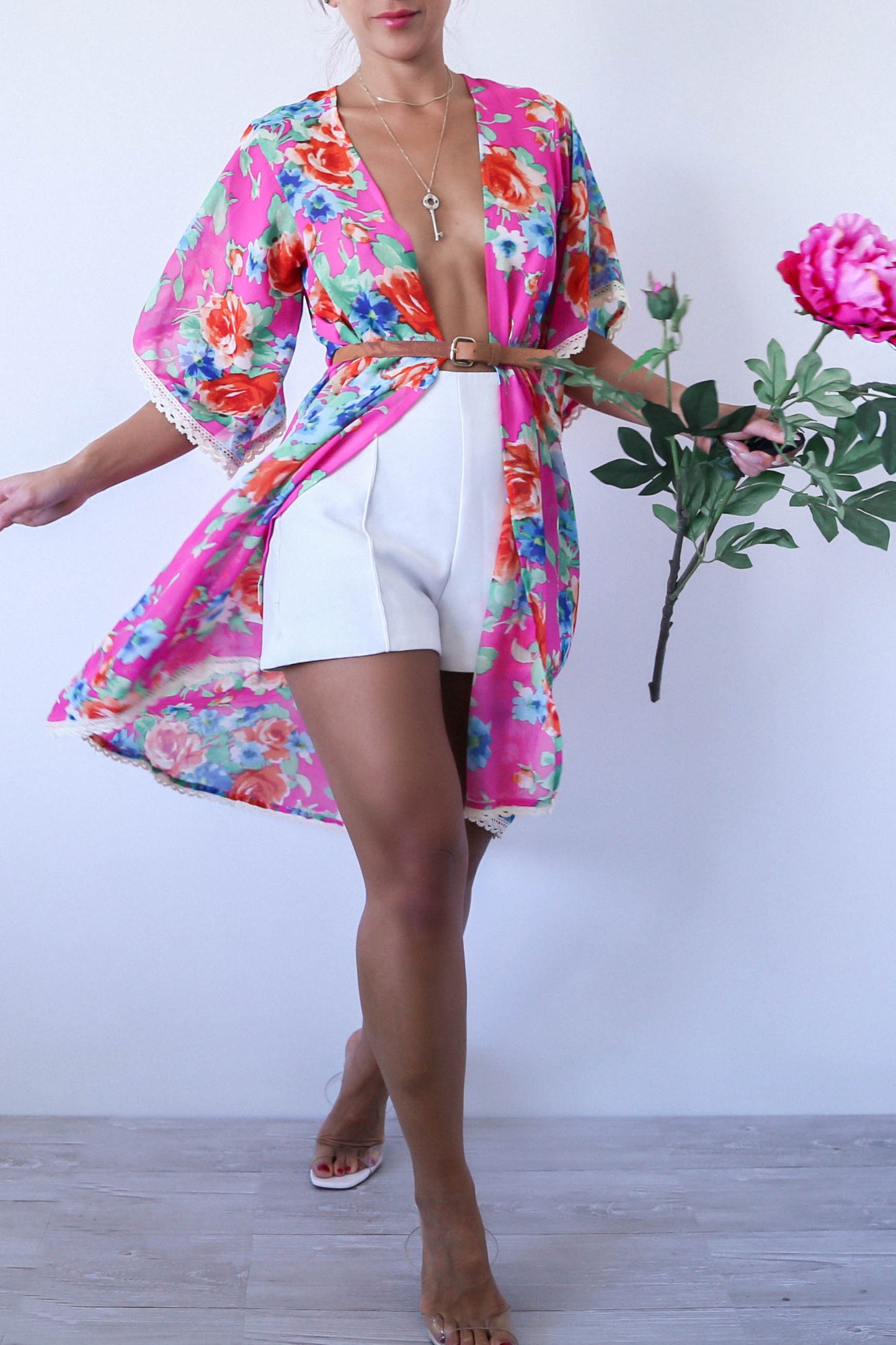 Pink and Blue Floral Sheer Duster with Lace Trim