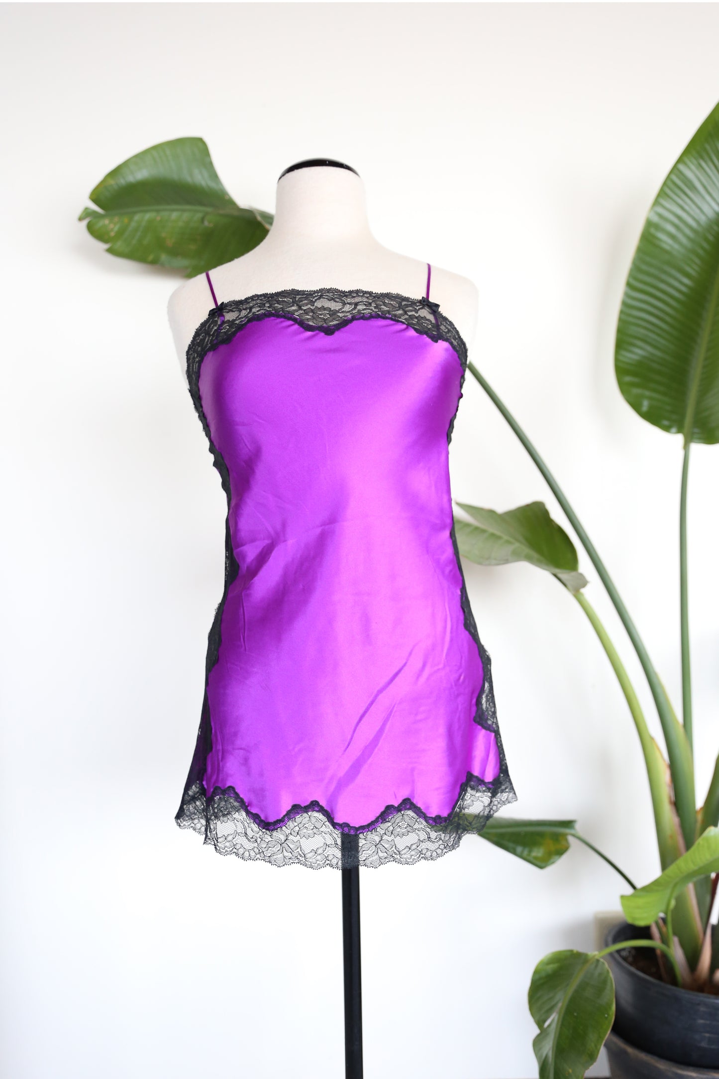 Purple Chemise Satin Slip Dress with Lace Side Panel Details