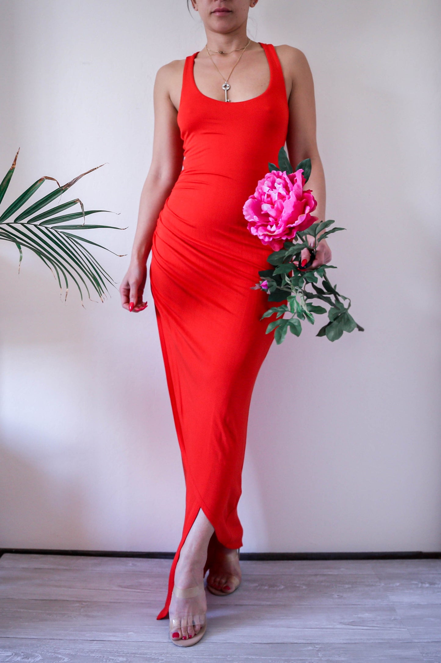 Orange Red Bebe Knit Bodycon Wrapped Maxi Dress