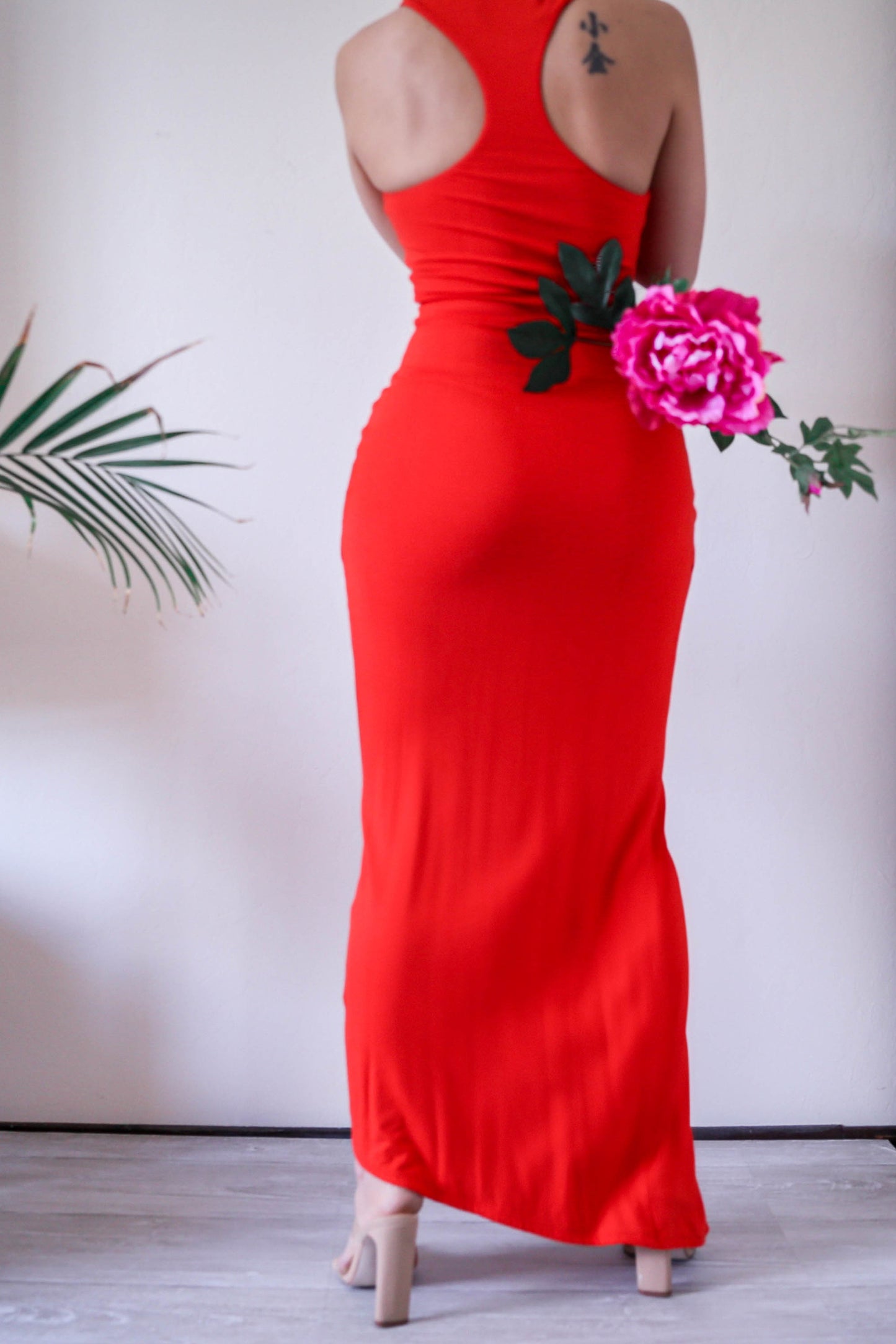 Orange Red Bebe Knit Bodycon Wrapped Maxi Dress