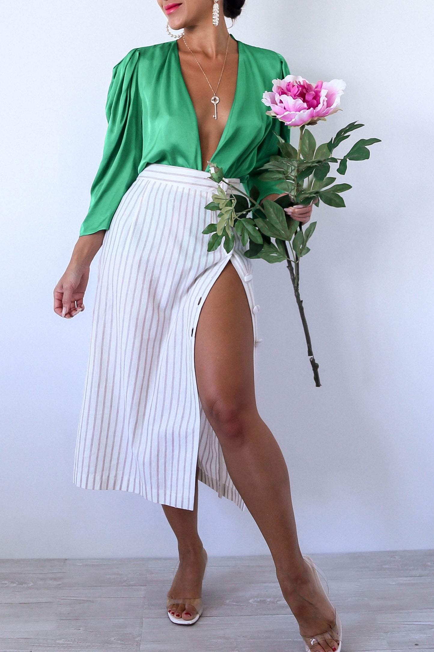 Stripes Button Down Thigh Slit Midi Skirt