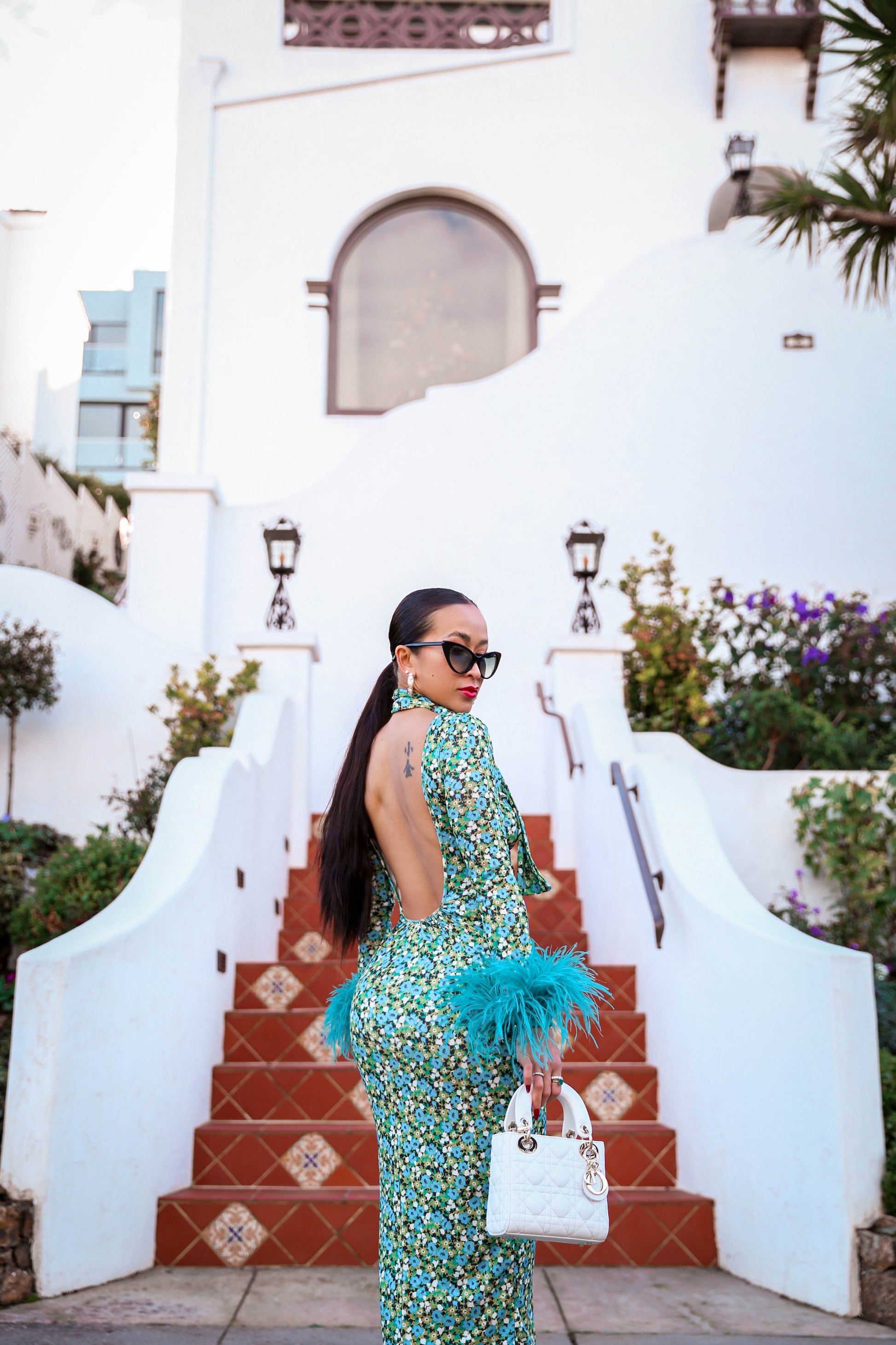 Zara Green Floral Print Open Back Midi Dress (Removable Feather Cuff included)