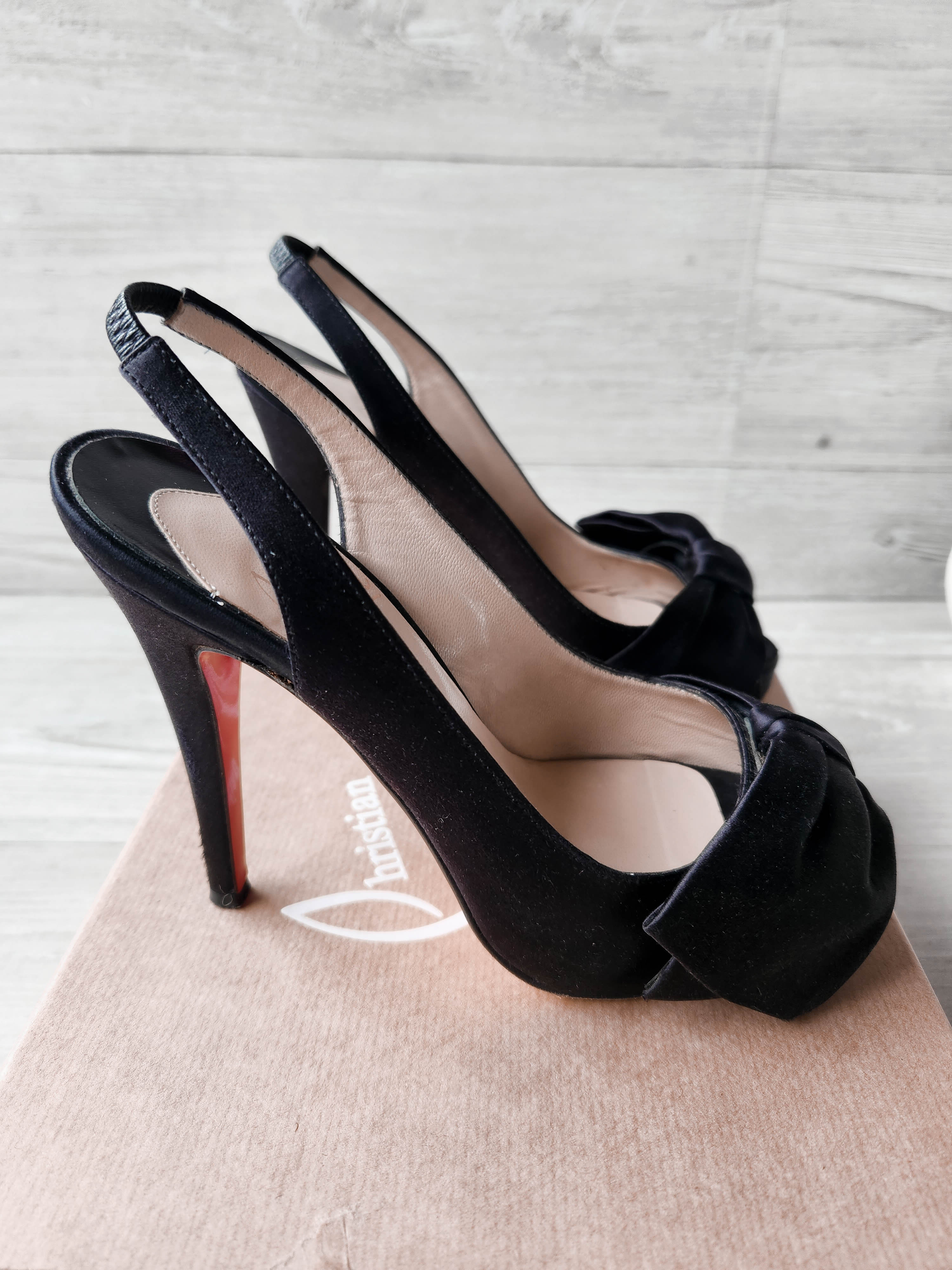 Christian Louboutin Black Satin Bow Accents Slingback Pumps Size 35.5