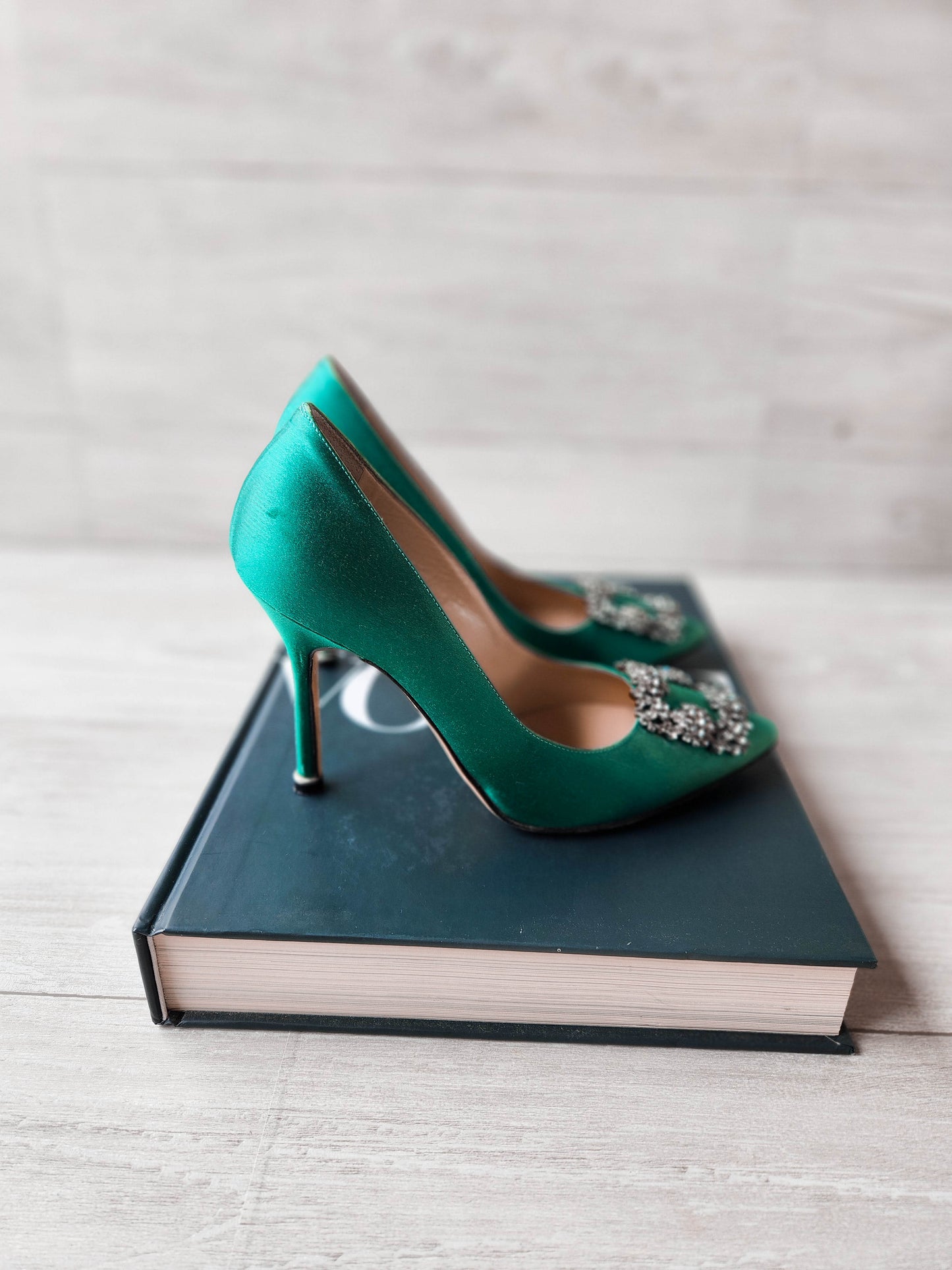 Manolo Blahnik Hangisi Satin Crystal Jewel Buckle Pumps Green - Size 35