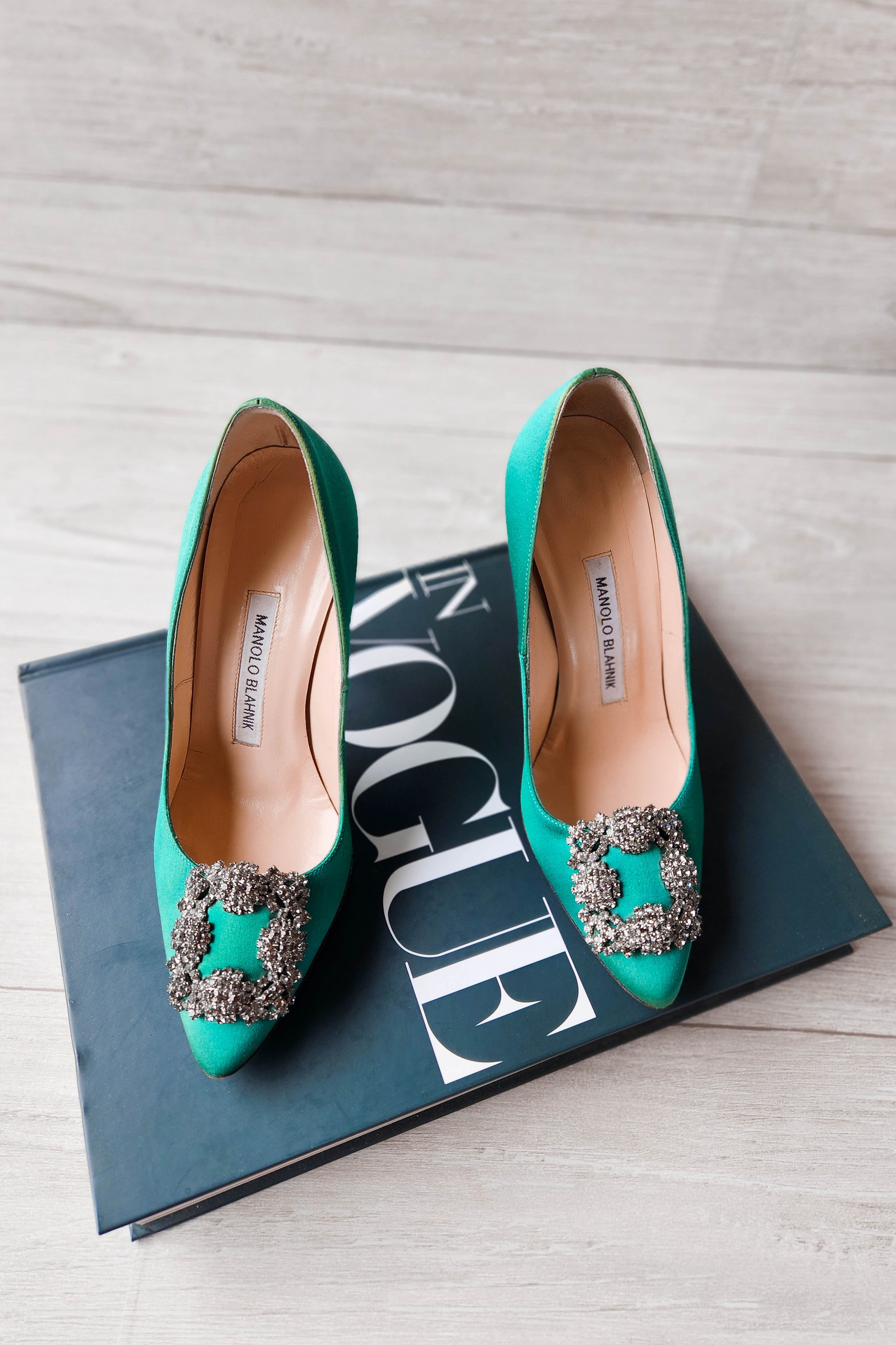 Manolo Blahnik Hangisi Satin Crystal Jewel Buckle Pumps Green