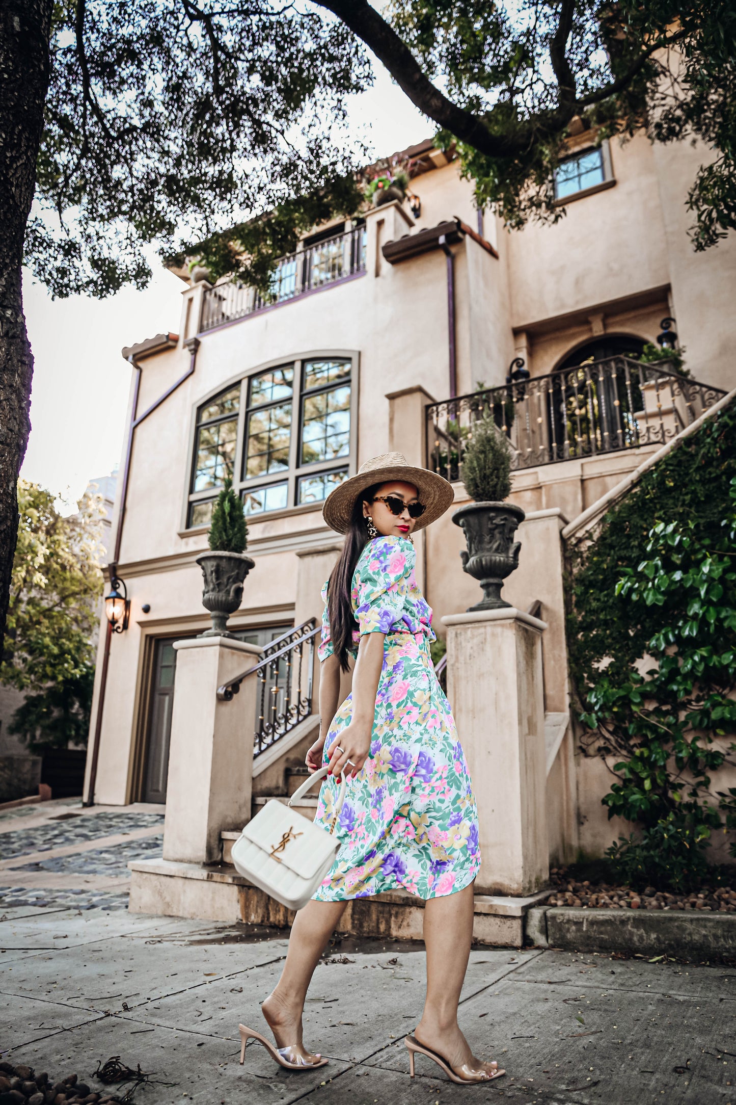 Vintage Floral Wrap Midi Dress with Puffy Sleeves