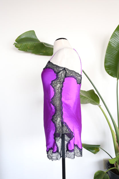 Purple Chemise Satin Slip Dress with Lace Side Panel Details