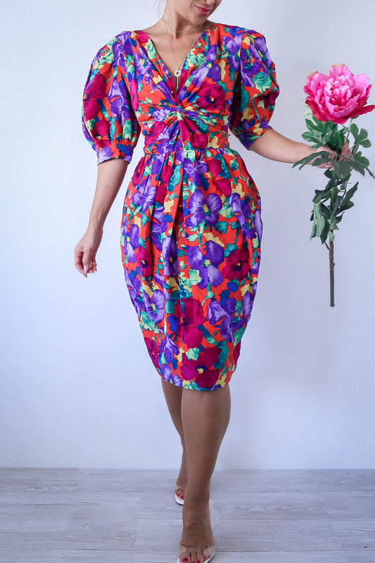 80s Vintage ALBERT NIPON Dress with Puff Sleeves and Front Knit Twist