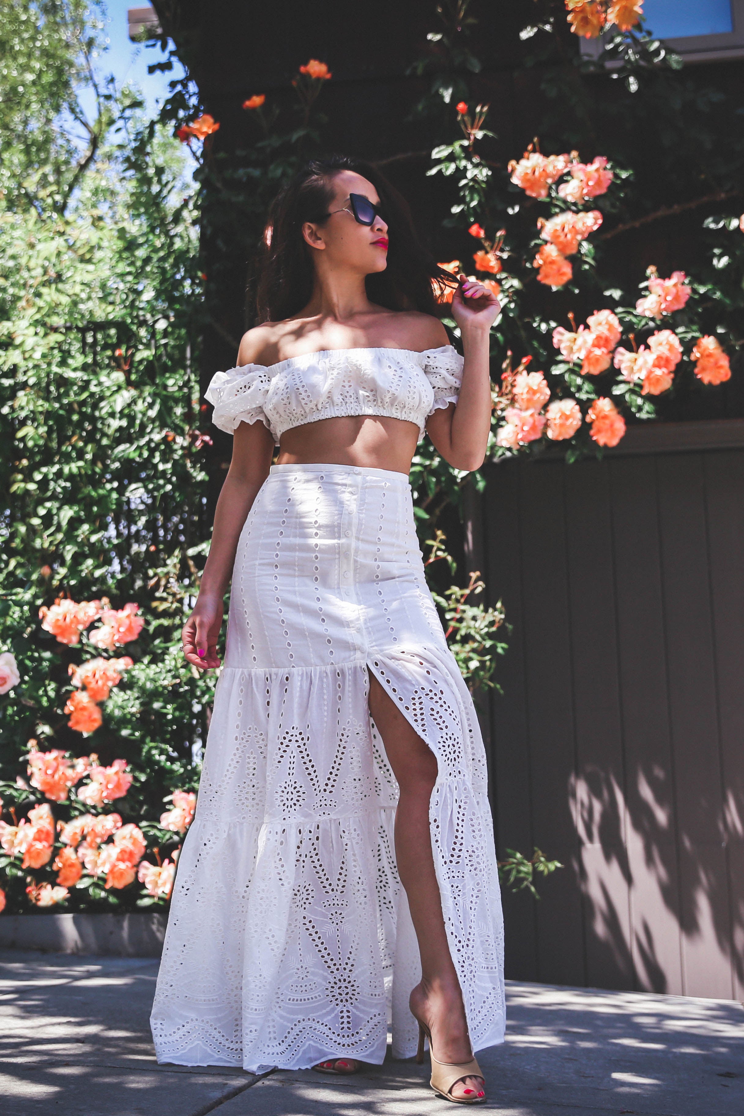 White eyelet maxi shop skirt and top