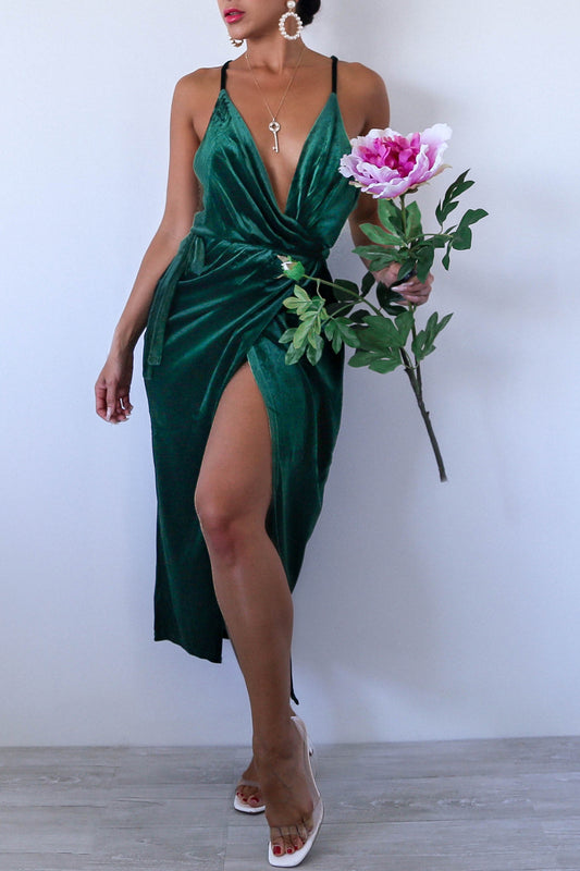 MissGuided Green Velvet Wrap Dress with Thigh High Slit