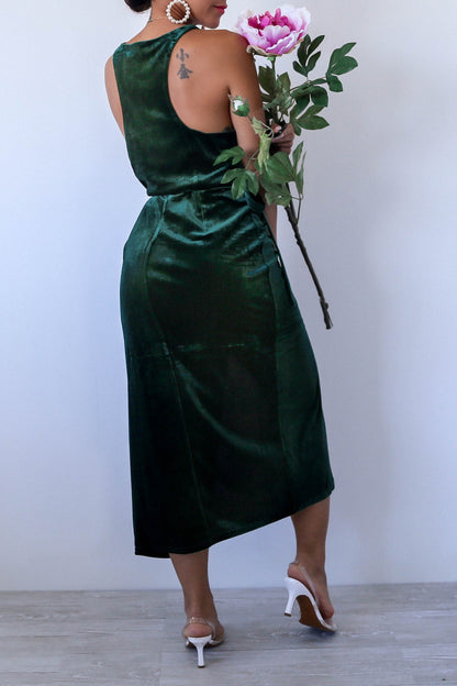 MissGuided Green Velvet Wrap Dress with Thigh High Slit