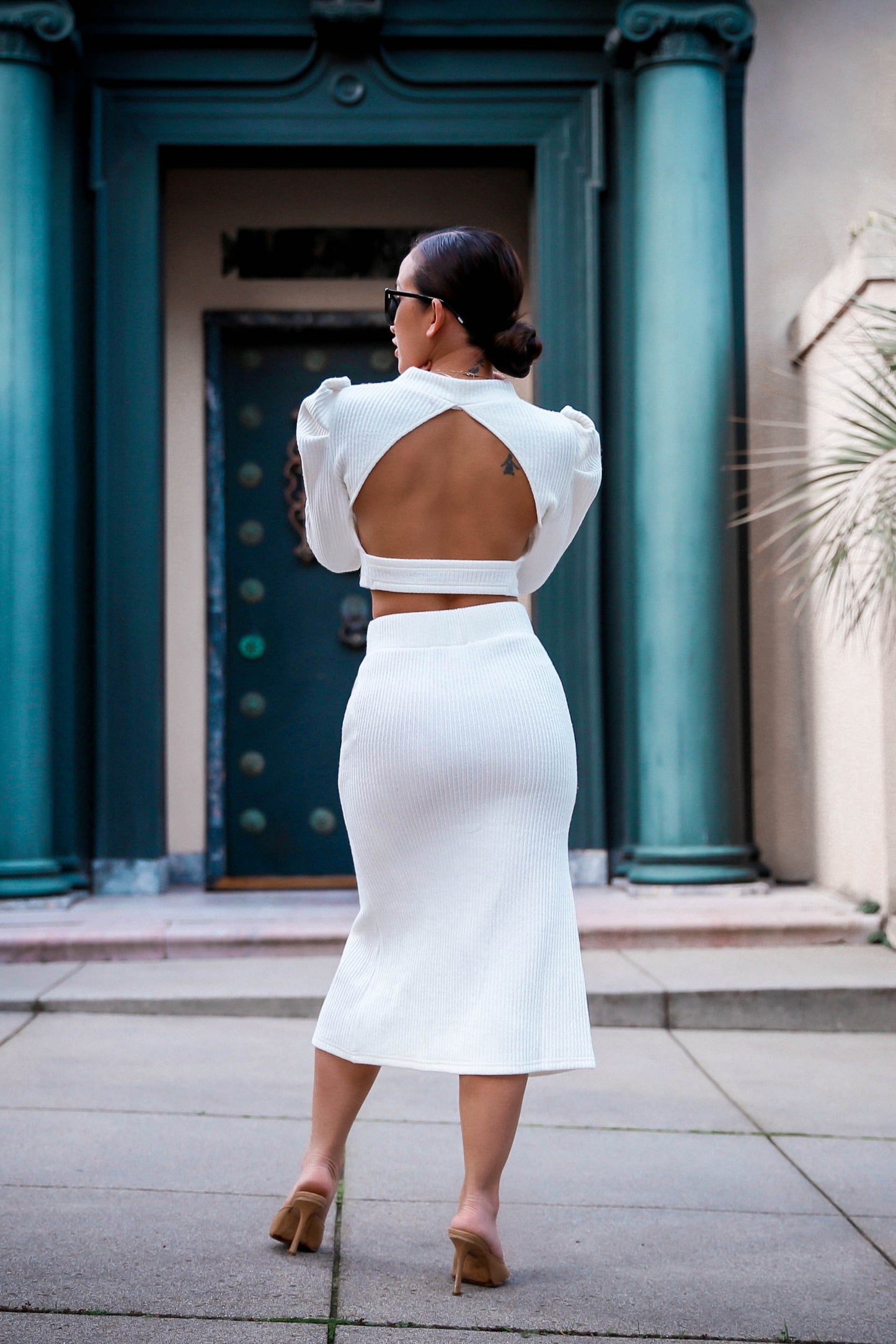 Back At It Open Back Knit Top and Skirt Set in White