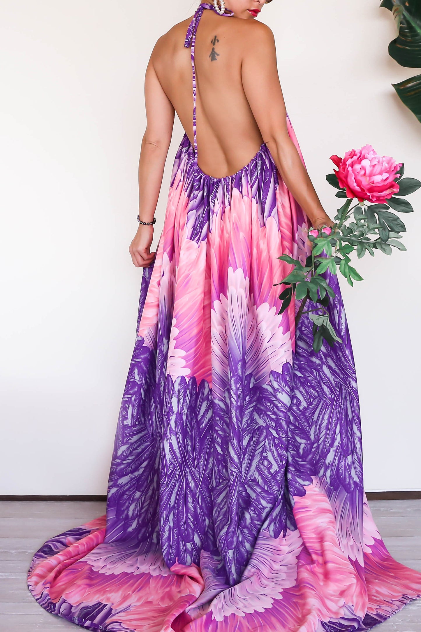 KTR Floral Backless Halter Maxi Dress