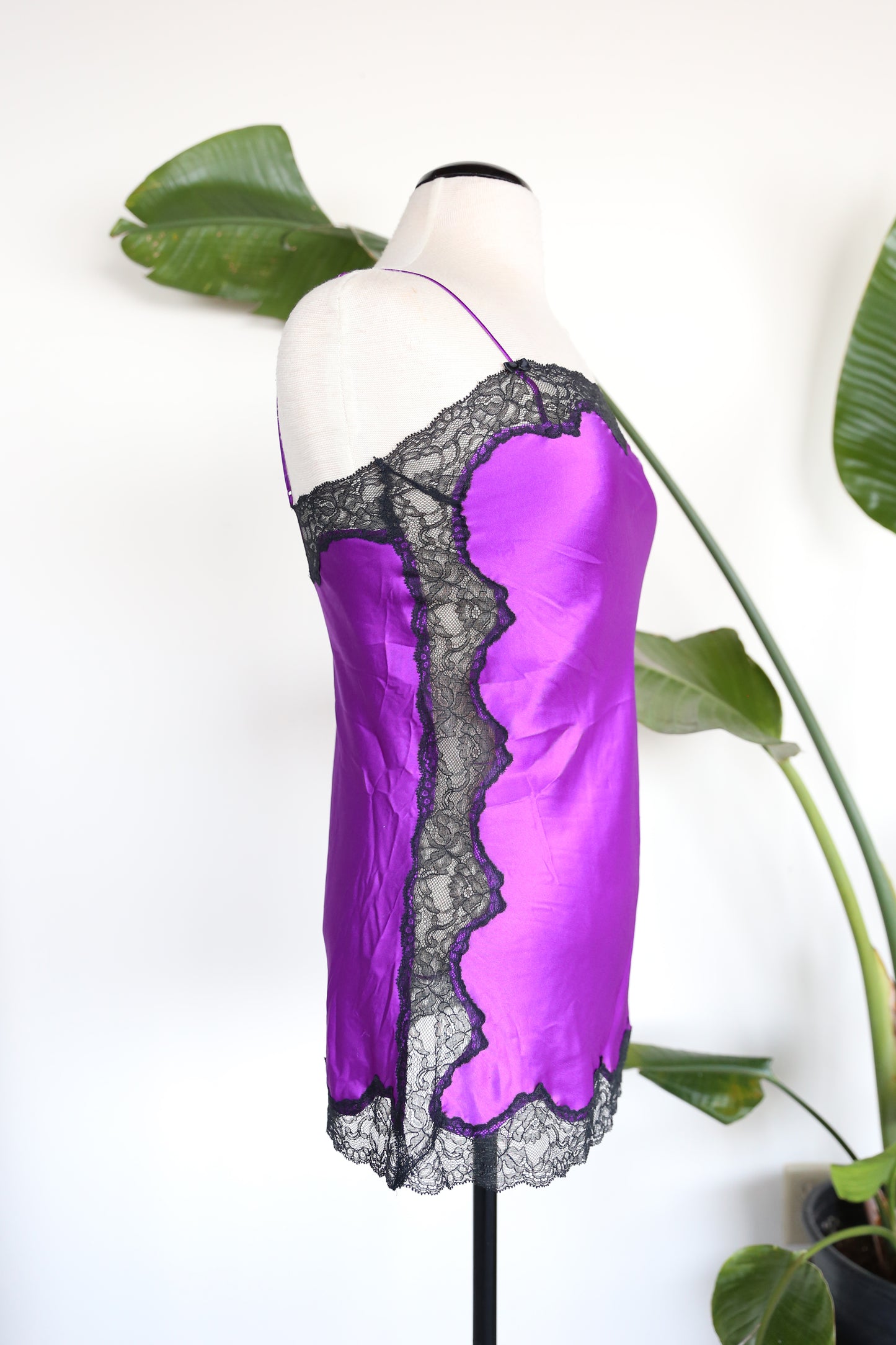 Purple Chemise Satin Slip Dress with Lace Side Panel Details