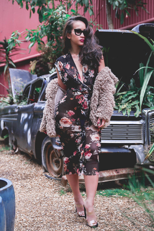 KTR Sheer Bodycon Midi Floral Rose Dress